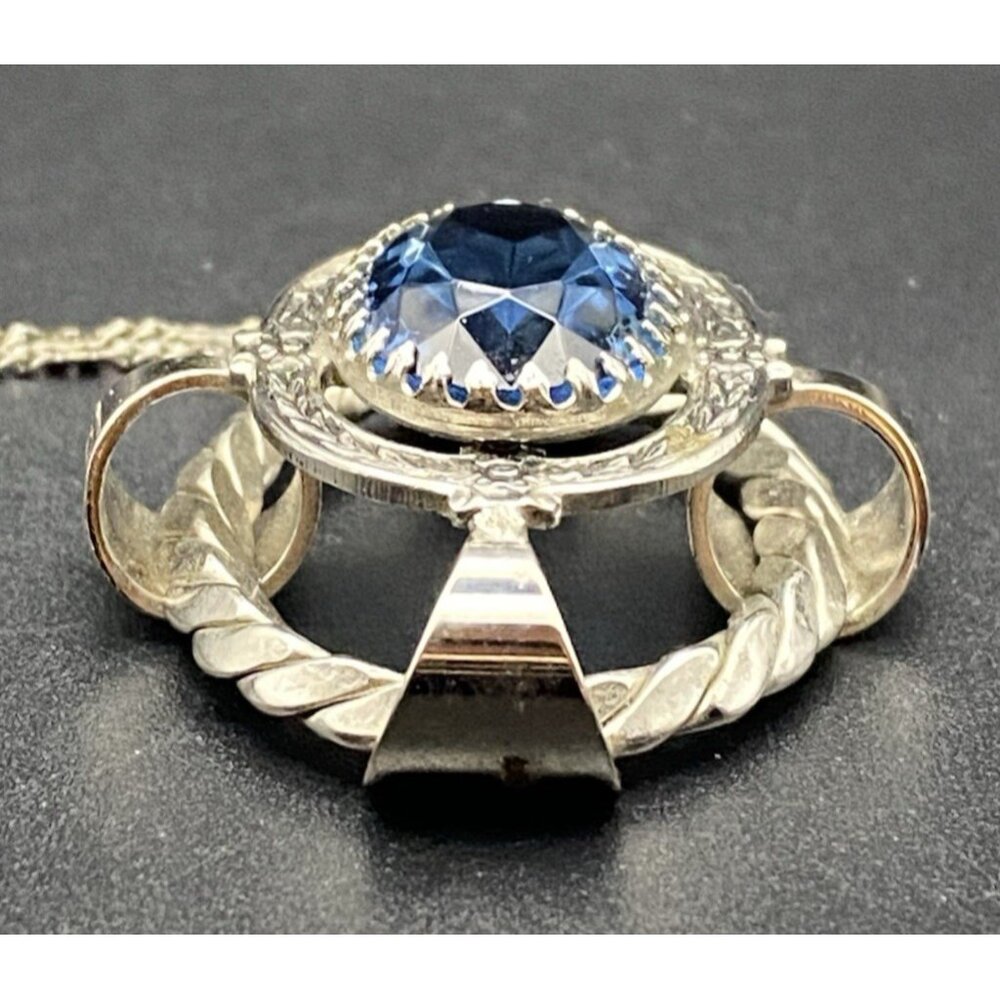 Vintage Blue Glass Pendant Necklace Faceted Silver Tone Dog Tooth Ornate Setting - Picture 5 of 9